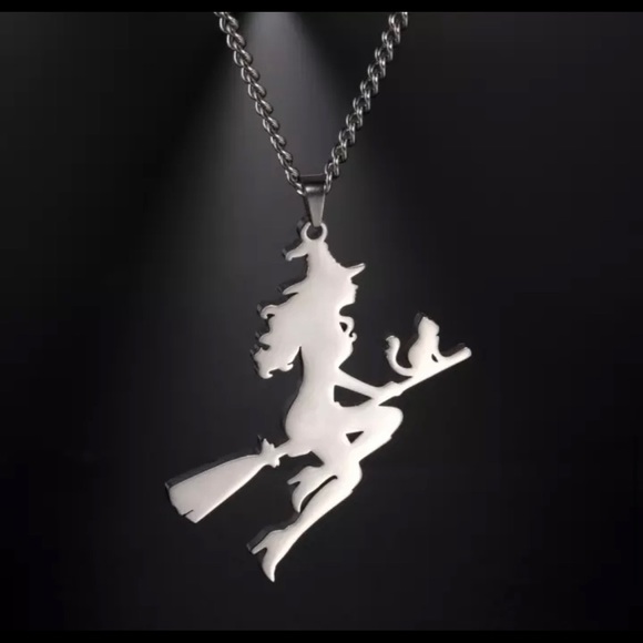 Vintage Witch Broom Cat Stainless Steel Necklace - Picture 13 of 16